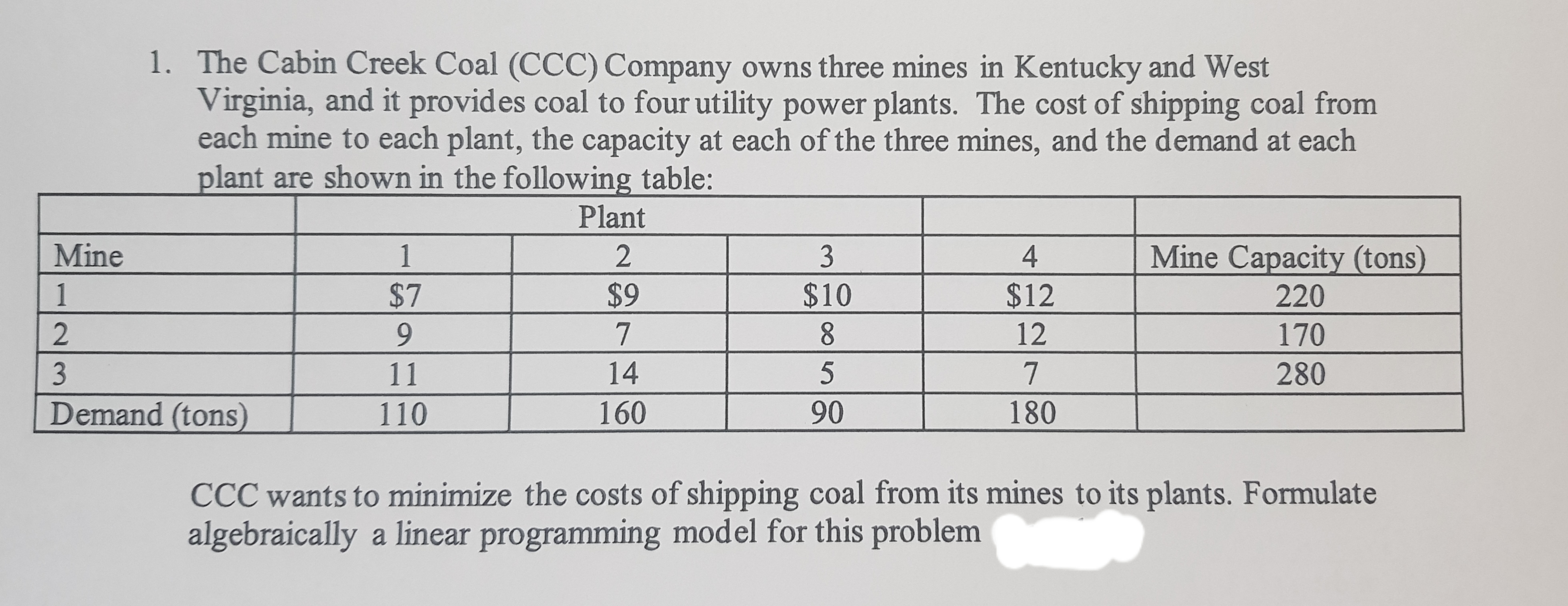 1. The Cabin Creek Coal (CCC) Company owns three mines in Kentucky and West
Virginia, and it provides coal to four utility power plants. The cost of shipping coal from
each mine to each plant, the capacity at each of the three mines, and the demand at each
plant are shown in the following table:
Plant
Mine
1
3
4
Mine Capacity (tons)
1
$7
$9
$10
$12
220
9.
8.
12
170
3
11
14
280
Demand (tons)
110
160
90
180
CCC wants to minimize the costs of shipping coal from its mines to its plants. Formulate
algebraically a linear programming model for this problem
