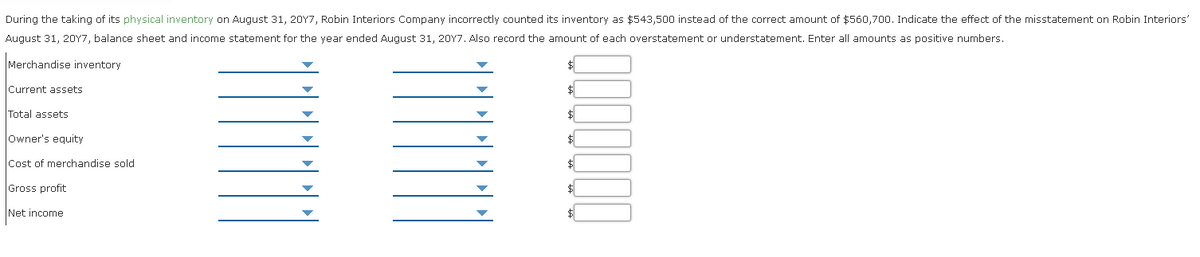 During the taking of its physical inventory on August 31, 20Y7, Robin Interiors Company incorrectly counted its inventory as $543,500 instead of the correct amount of $560,700. Indicate the effect of the misstatement on Robin Interiors'
August 31, 20Y7, balance sheet and income statement for the year ended August 31, 20Y7. Also record the amount of each overstatement or understatement. Enter all amounts as positive numbers.
Merchandise inventory
Current assets
Total assets
$
lowner's equity
Cost of merchandise sold
Gross profit
Net income
