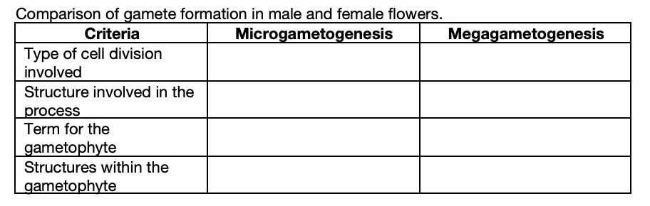 Comparison of gamete formation in male and female flowers.
Microgametogenesis
Criteria
Megagametogenesis
Type of cell division
involved
Structure involved in the
process
Term for the
gametophyte
Structures within the
gametophyte
