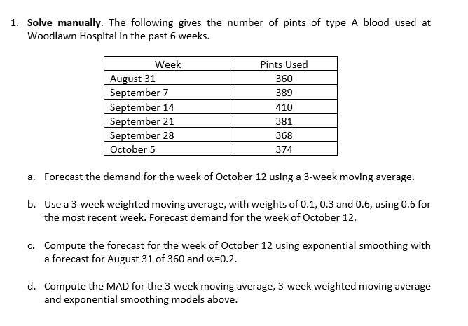 1. Solve manually. The following gives the number of pints of type A blood used at
Woodlawn Hospital in the past 6 weeks.
Pints Used
360
Week
August 31
September 7
September 14
September 21
September 28
389
410
381
368
October 5
374
a. Forecast the demand for the week of October 12 using a 3-week moving average.
b. Use a 3-week weighted moving average, with weights of 0.1, 0.3 and 0.6, using 0.6 for
the most recent week. Forecast demand for the week of October 12.
c. Compute the forecast for the week of October 12 using exponential smoothing with
a forecast for August 31 of 360 and c=0.2.
d. Compute the MAD for the 3-week moving average, 3-week weighted moving average
and exponential smoothing models above.
