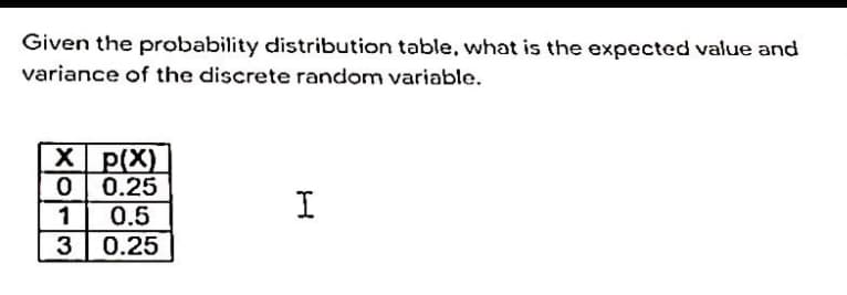 Given the probability distribution table, what is the expected value and
variance of the discrete random variable.
P(X)
0.25
I
1
0.5
0.25
3
