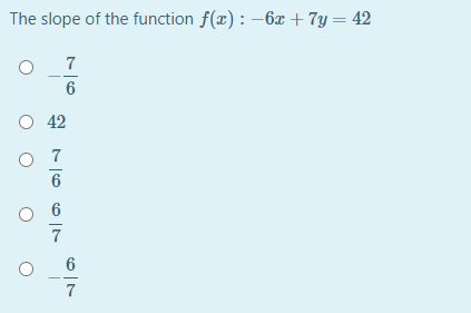 The slope of the function f(x): –6x +7y = 42
7
6
O 42
7
6
7
7
