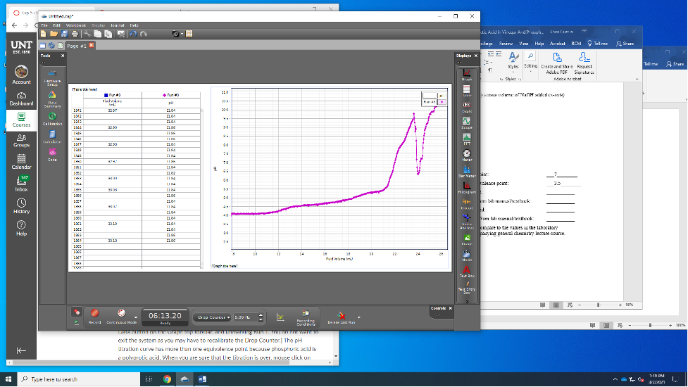 O Ip5-
Urtried.c
FI. Edt Wnrkbank
Iwy Hels
Depley
Isurral
di: Acid l- viryai A-uPtpli.
Shan l
UNT
Ing niew Ve Hep Arrobat RCM Tel me
2 Sha
Page #1
EST. 180
Tole
Dieplaye X
Telm A Stur
A Stare
Styles Eting ciente and Share Request
Adubs POF Signalue
la Shyles is
Mte eohst
Account
Te han l
+ Tun
vi elme of NANH sakalasie
Thures
35-
Dashboard
Kaa
sil
Setary
L41
1207
200
Calbmin
Courses
1290
30
Groups
CEE
Near
70
Calendar
1182
147
Ser Meter ic
Iraleace peunt:
J.5
IXA
Inbox
Hogram
50-
n lab muesbnk
IXA
d:
History
40
Rom lal maaltesthoek:
1010
amoare to die values the labocatory
blying general chenistry lecture course
Help
20
14
22
24
Mudeure mu
Corgrole K
06:13.20
Lrap Courar .0 : s
Racard Cone ra Hde
Pecord re
Cond to
Aady
De ate Laet Aun
exit the system as you may have to recalibrate the Drop Counter.] The pH
titration curve has more than one equivalence point because phosphoric acid is
a volverulic acid. When vou are sure that Lhe Litration is uver. MOUSE click un
T:44 FM
p Tyue here tu search
