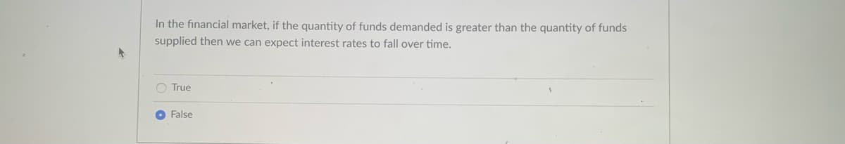 In the financial market, if the quantity of funds demanded is greater than the quantity of funds
supplied then we can expect interest rates to fall over time.
O True
O False
