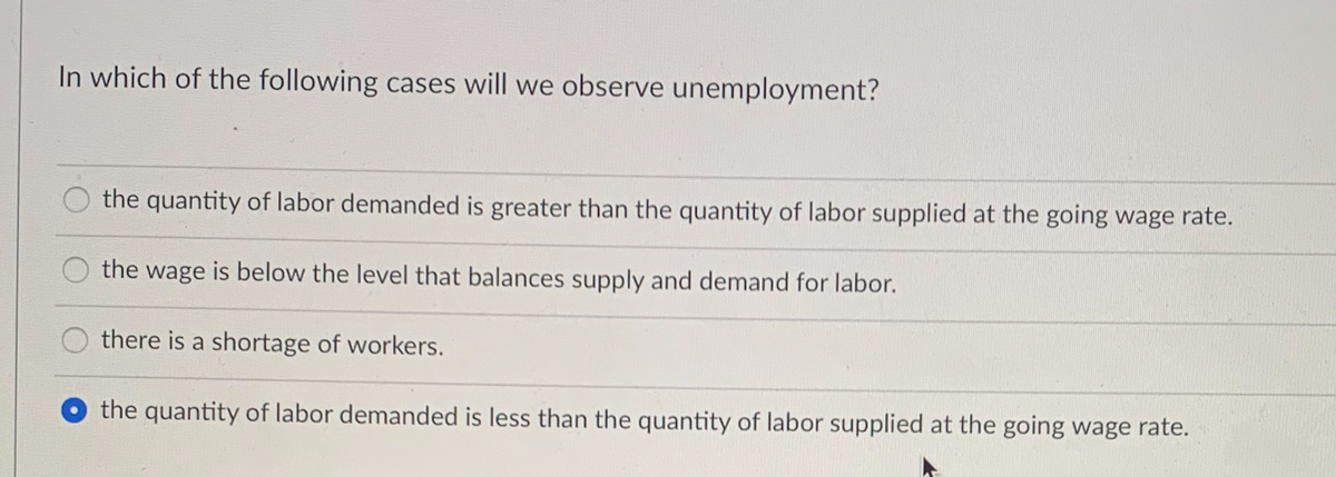 In which of the following cases will we observe unemployment?
the quantity of labor demanded is greater than the quantity of labor supplied at the going wage rate.
the wage is below the level that balances supply and demand for labor.
there is a shortage of workers.
the quantity of labor demanded is less than the quantity of labor supplied at the going wage rate.
