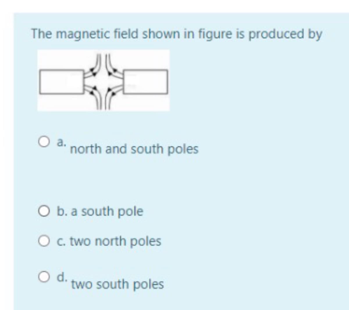 The magnetic field shown in figure is produced by
O a.
north and south poles
O b. a south pole
O . two north poles
d.
two south poles
