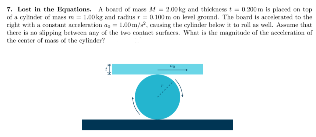 7. Lost in the Equations. A board of mass M = 2.00 kg and thickness t = 0.200 m is placed on top
of a cylinder of mass m = 1.00 kg and radius r = 0.100 m on level ground. The board is accelerated to the
right with a constant acceleration ao = 1.00 m/s², causing the cylinder below it to roll as well. Assume that
there is no slipping between any of the two contact surfaces. What is the magnitude of the acceleration of
the center of mass of the cylinder?
ao
