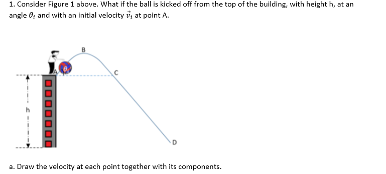 1. Consider Figure 1 above. What if the ball is kicked off from the top of the building, with height h, at an
angle 0; and with an initial velocity v; at point A.
a. Draw the velocity at each point together with its components.
