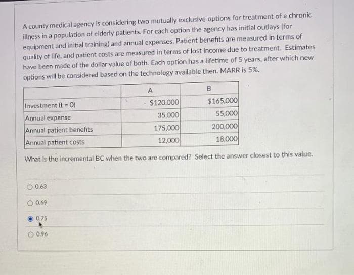 A county medical agency is considering two mutually exclusive options for treatment of a chronic
illness in a population ot elderly patients. For cach option the agency has initial outlays (for
equipment and initial training) and annual expenses. Patient benefits are measured in terms of
quality of life, and patient costs are measured in terms of lost income due to treatment. Estimates
have been made of the dollar value of both. Each option has a lifetime of 5 years, after which new
options will be considered based on the technology available then. MARR is 5%.
A
$165,000
55,000
Investment (t O)
$120,000
Annual expense
Annual patient benefits
Annual patient costs
35.000
175,000
12,000
200,000
18,000
What is the incremental BC when the two are compared? Select the answer closest to this value.
O 0.63
O 0.69
0.75
O 0.96
