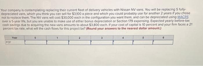 Your company is contemplating replacing their current fleet of delivery vehicles with Nissan NV vans. You will be replacing 5 fully-
depreciated vans, which you think you can sell for $3,100 a piece and which you could probably use for another 2 years if you chose
not to replace them. The NV vans will cost $30,000 each in the configuration you want them, and can be depreciated using MACRS
over a 5-year life, but you are unable to make use of either bonus depreciation or Section 179 expensing. Expected yearly before-tax
cash savings due to acquiring the new vans amounts to about $3,800 each. If your cost of capital is 10 percent and your firm faces a 21
percent tax rate, what will the cash flows for this project be? (Round your answers to the nearest dollar amount.)
FCF
Year
1
6