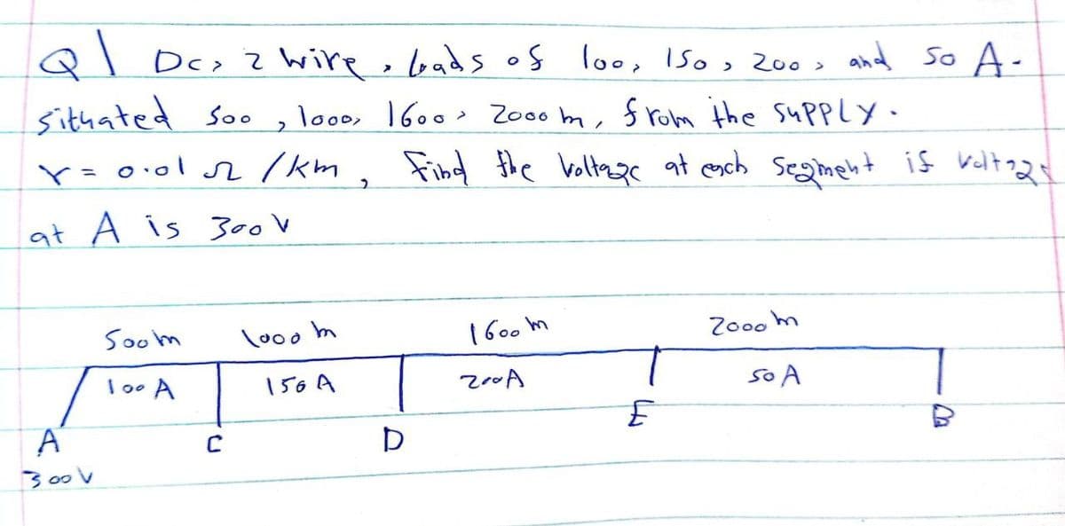 او
QlDcx 2 wire, loads of loo, 150, Zoo, and so A.
200
Situated Soo
1000, 1600 Zooom, from the supply.
2
r = 0·01
√2/km
find the voltage at each segment if voltags
2
at A is 300V
Soom
1600 m
2000m
100 A
so A
А
300V
C
\000m
156 A
D
ZA
E