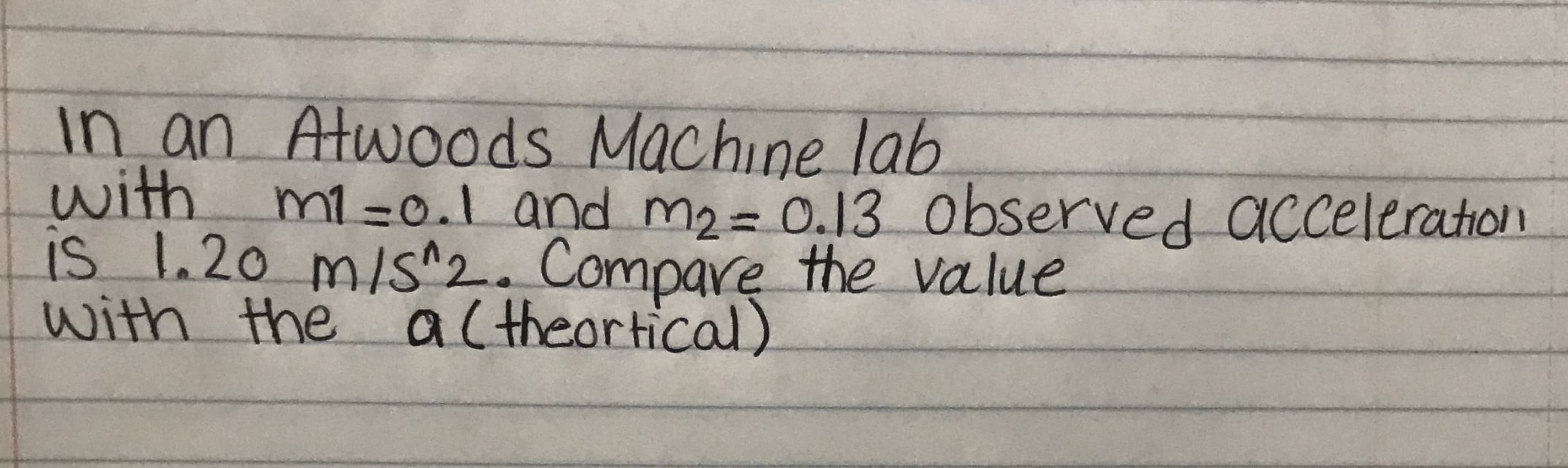 n an Atwoods Machine lab
with m1-.l and 2o.13 0bserved acceltraton
is 120 mist. Compare the value
with the altheortical)
