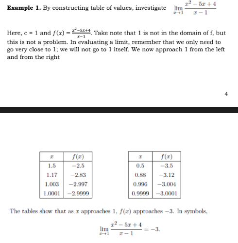 12 - 5x +4
lim
Example 1. By constructing table of values, investigate
Here, c = 1 and f(x) = S+4 Take note that 1 is not in the domain of f, but
this is not a problem. In evaluating a limit, remember that we only need to
go very close to 1; we will not go to 1 itself. We now approach 1 from the left
and from the right
x-1
f(x)
f(x)
1.5
-2.5
0.5
-3.5
1.17
-2.83
0.88
-3.12
1.003
-2.997
0.996
-3.004
1.0001 -2.9999
0.9999 -3.0001
The tables show that as z approaches 1, f(1) approaches –3. In symbols,
r2 – 5x + 4
-3.
