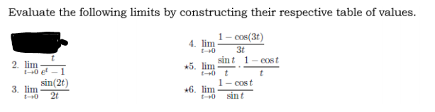 Evaluate the following limits by constructing their respective table of values.
1- cos(3t)
3t
sint 1- cost
4. lim
*5. lim
2. lim
t-+0 et - 1
sin(2t)
3. lim
2t
1- cos t
sint
*6. lim
