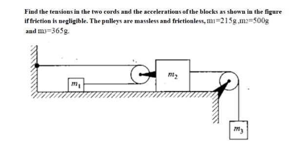 Find the tensions in the two cords and the accelerations of the blocks as shown in the figure
iffriction is negligible. The pulleys are massless and frictionless, mı=215g,m2=500g
and m3=365g.
m2
m3
