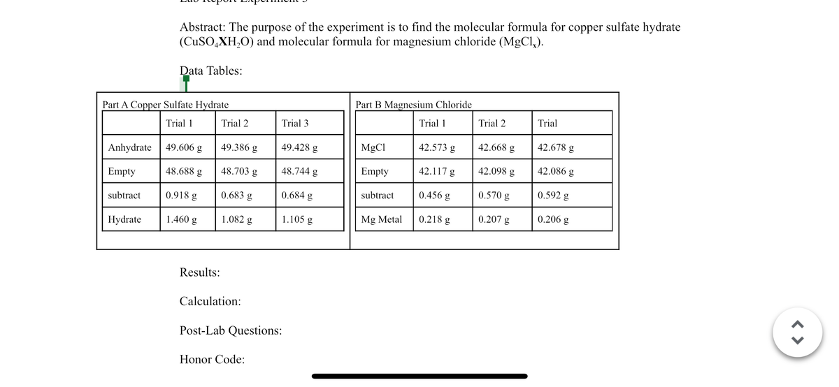 Anhydrate
Empty
Part A Copper Sulfate Hydrate
Trial 1
subtract
Abstract: The purpose of the experiment is to find the molecular formula for copper sulfate hydrate
(CuSO4XH₂O) and molecular formula for magnesium chloride (MgCl₂).
Hydrate
Data Tables:
49.606 g
48.688 g
0.918 g
1.460 g
Results:
Trial 2
49.386 g
48.703 g
0.683 g
1.082 g
Calculation:
Trial 3
Honor Code:
49.428 g
48.744 g
0.684 g
1.105 g
Post-Lab Questions:
Part B Magnesium Chloride
Trial 1
MgCl
Empty
subtract
Mg Metal
42.573 g
42.117 g
0.456 g
0.218 g
Trial 2
42.668 g
42.098 g
0.570 g
0.207 g
Trial
42.678 g
42.086 g
0.592 g
0.206 g