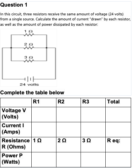 Question 1
In this circuit, three resistors receive the same amount of voltage (24 volts)
from a single source. Calculate the amount of current "drawn" by each resistor,
as well as the amount of power dissipated by each resistor:
192
202
DE
24 volts
Complete the table below
R1
R2
392
Voltage V
(Volts)
Current I
(Amps)
Power P
(Watts)
Resistance 10
R (Ohms)
2 Ω
R3
3 Ω
Total
Req: