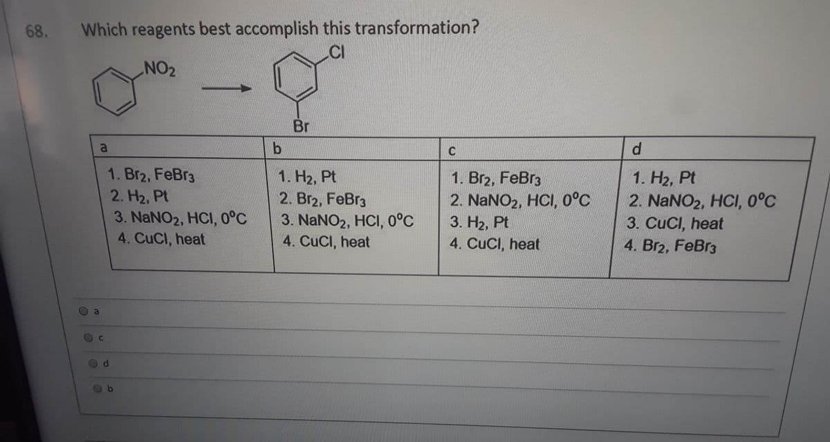 68.
Which reagents best accomplish this transformation?
.CI
Br
C
d.
1. Br2, FeBr3
2. H2, Pt
1. H2, Pt
2. Br2, FeBr3
3. NaNO2, HCI, 0°C
4. CuCl, heat
1. Br2, FeBr3
2. NaNO2, HCI, 0°C
3. На, Pt
4. CuCl, heat
1. Н2, Pt
2. NaNO2, HCI, 0°C
3. CuCI, heat
4. Br2, FeBr3
3. NaNO2, HCI, 0°C
4. CuCl, heat
a
