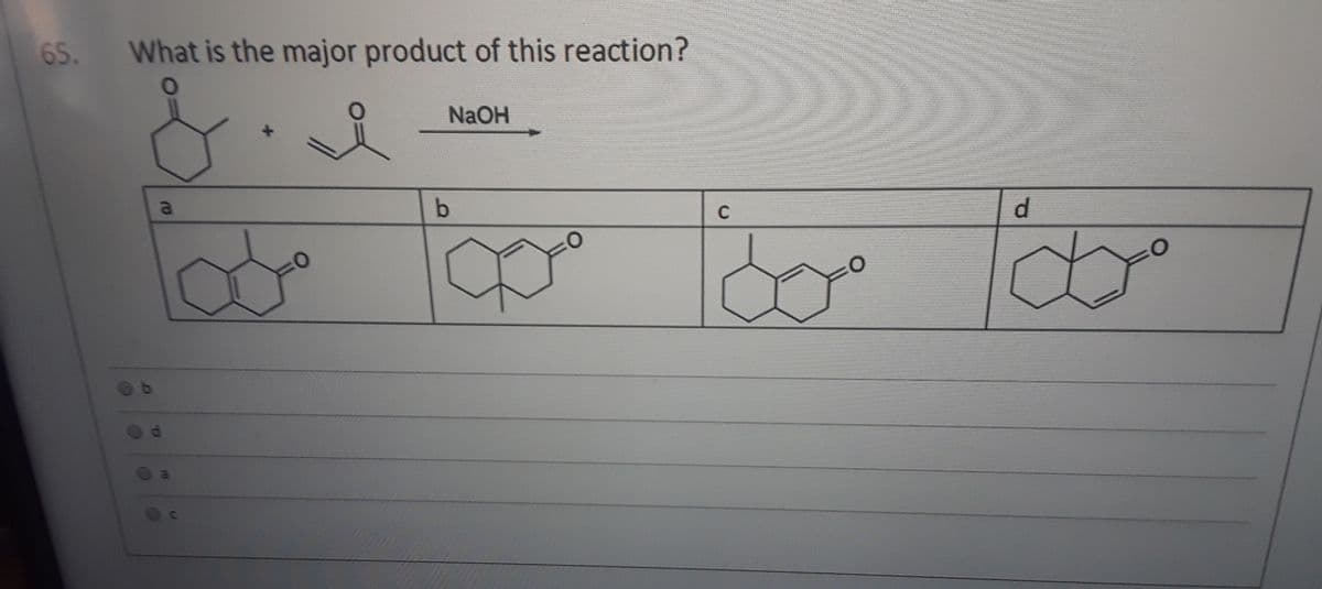 6S. What is the major product of this reaction?
65.
NaOH
a
C
d.
