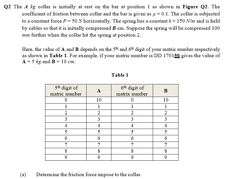 Q2 The A kg collar is initially at rest on the bar at position 1 as shown in Figure Q2. The
coefficient of friction between collar and the bar is given as u = 0.1. The collar is subjected
to a constant force P = 50 N horizontally. The spring has a constant k = 150 N/m and is held
by cables so that it is initially compressed B em. Suppose the spring will be compressed 100
mm further when the collar hit the spring at position 2.
Here, the value of A and B depends on the 5th and 6th digit of your matric number respectively
as shown in Table 1. For example, if your matric number is DD 170150 gives the value of
A = 5 kg and B = 10 cm.
Table 1
5th digit of
matric number
6th digit of
matrix number
А
В
10
10
1
1
1
1
2
2
2
3
3
3
3
4
4
4
4
5
5
5
5
6
7
7
7
7
8
8
8
8
9
(a)
Determine the friction force impose to the collar.
