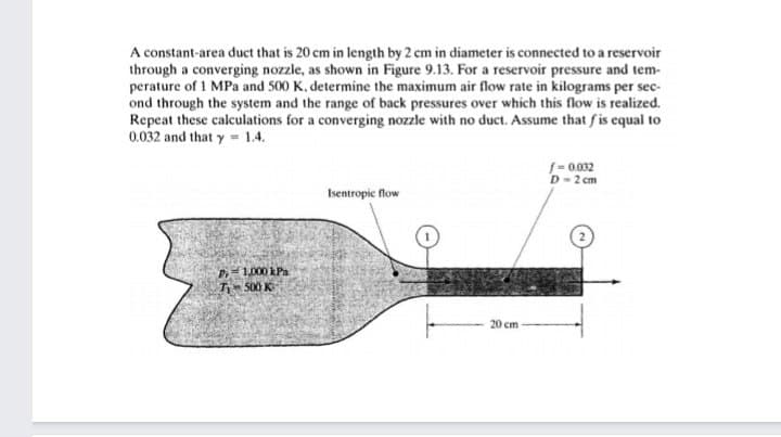 A constant-area duct that is 20 cm in length by 2 cm in diameter is connected to a reservoir
through a converging nozzle, as shown in Figure 9.13. For a reservoir pressure and tem-
perature of 1 MPa and 500 K. determine the maximum air flow rate in kilograms per sec-
ond through the system and the range of back pressures over which this flow is realized.
Repeat these calculations for a converging nozzle with no duct. Assume that fis equal to
0.032 and that y- 1.4.
f= 0.032
D- 2 cm
Isentropic flow
P1,000 kPa
T 500 K
20 cm
