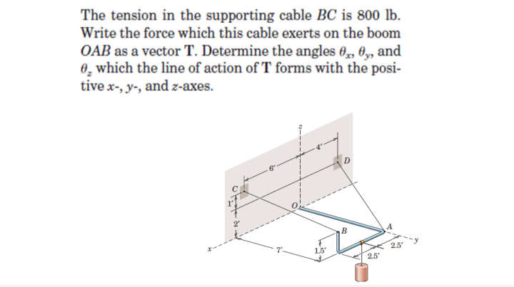 The tension in the supporting cable BC is 800 lb.
Write the force which this cable exerts on the boom
OAB as a vector T. Determine the angles 0,, 0y, and
0, which the line of action of T forms with the posi-
tive x-, y-, and z-axes.
B
2.5
1.5'
2.5
