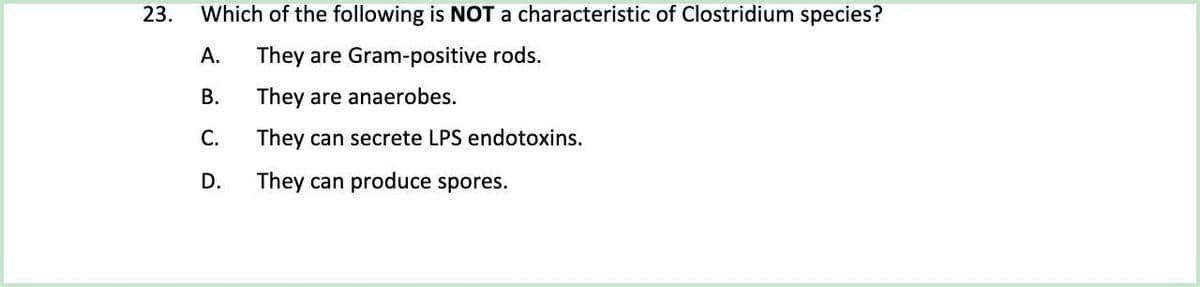 23.
Which of the following is NOT a characteristic of Clostridium species?
А.
They are Gram-positive rods.
В.
They are anaerobes.
С.
They can secrete LPS endotoxins.
D.
They can produce spores.
