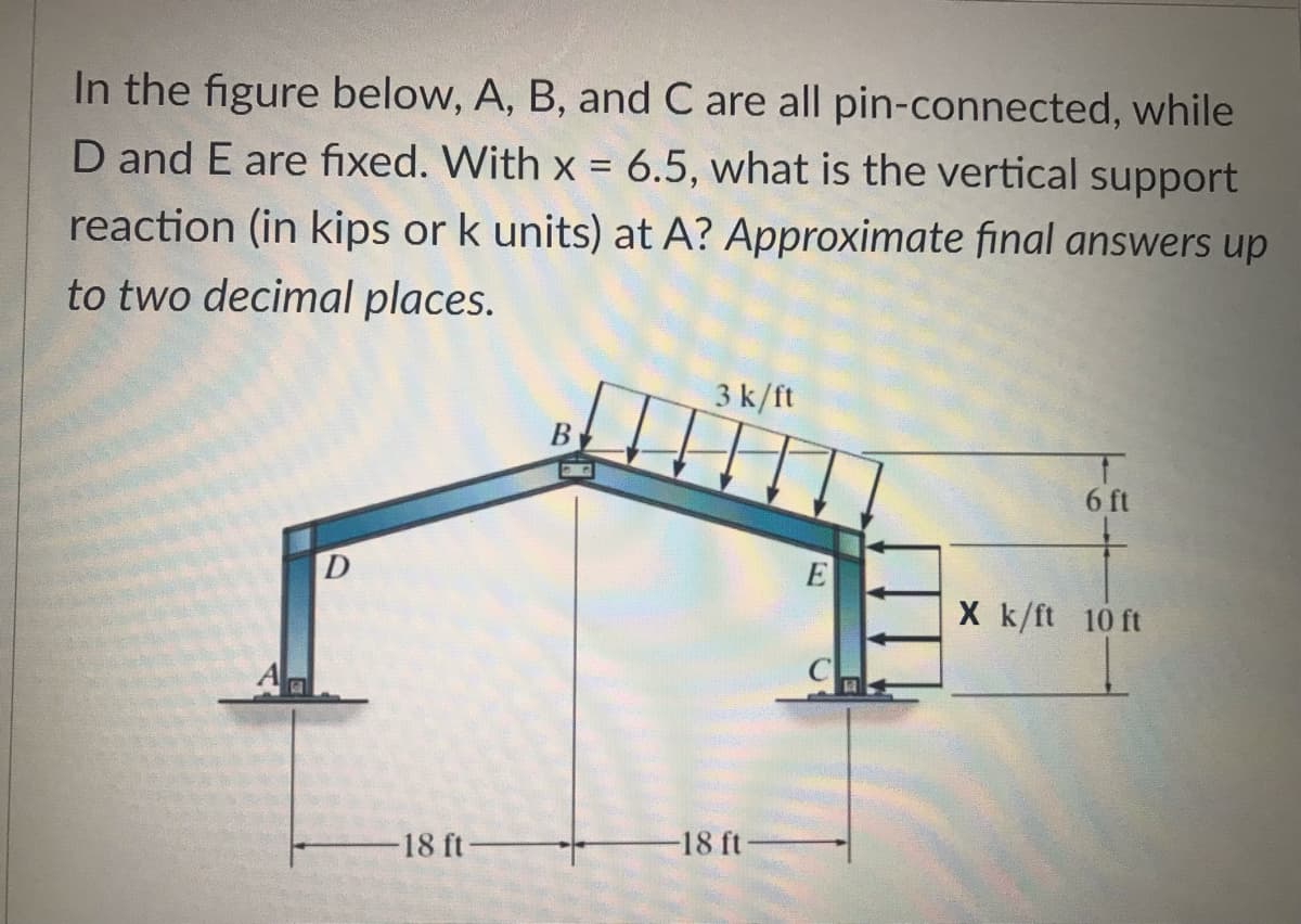 In the figure below, A, B, and C are all pin-connected, while
D and E are fixed. With x = 6.5, what is the vertical support
reaction (in kips or k units) at A? Approximate final answers up
to two decimal places.
3 k/ft
В
6 ft
E
X k/ft 10 ft
18 ft-
-18 ft
