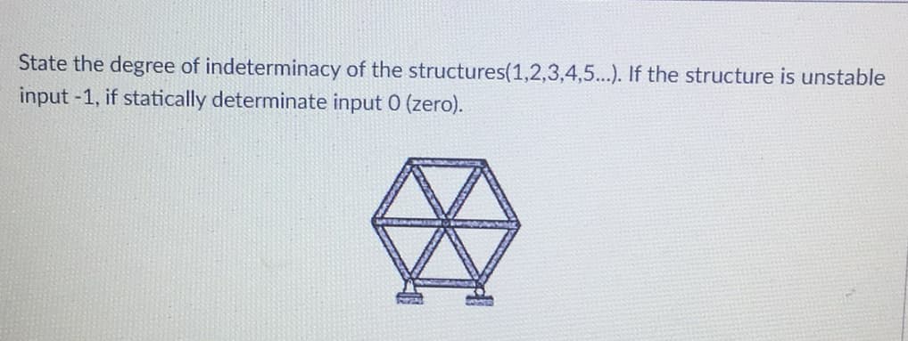 State the degree of indeterminacy of the structures(1,2,3,4,5...). If the structure is unstable
input -1, if statically determinate input 0 (zero).
