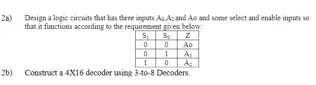 2a)
Design a logic circuits that has three inputs As, A2 and Ao and some select and enable inputs so
that it functions according to the requirement given below:
So
Ao
1
As
A2
1
2b)
Construct a 4X16 decoder using 3-to-8 Decoders.
