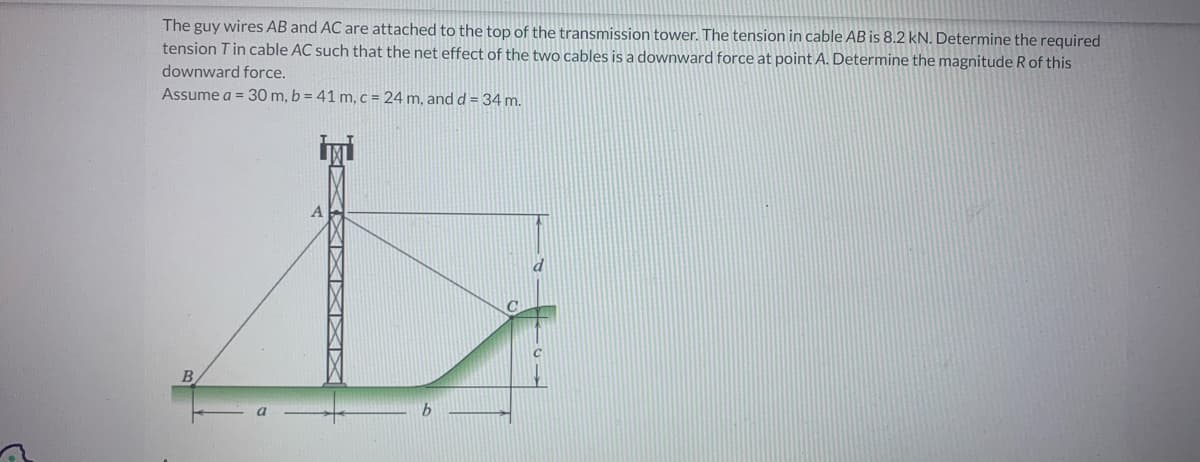 The guy wires AB and AC are attached to the top of the transmission tower. The tension in cable AB is 8.2 kN. Determine the required
tension T in cable AC such that the net effect of the two cables is a downward force at point A. Determine the magnitude R of this
downward force.
Assume a = 30 m, b = 41 m, c = 24 m, and d = 34 m.
B
