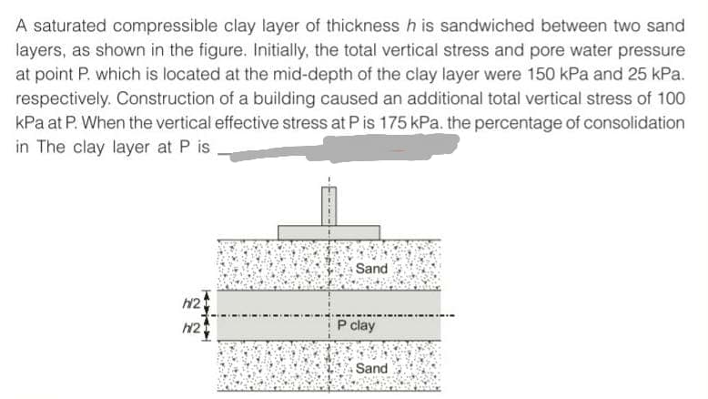 A saturated compressible clay layer of thickness h is sandwiched between two sand
layers, as shown in the figure. Initially, the total vertical stress and pore water pressure
at point P. which is located at the mid-depth of the clay layer were 150 kPa and 25 kPa.
respectively. Construction of a building caused an additional total vertical stress of 100
kPa at P. When the vertical effective stress at P is 175 kPa. the percentage of consolidation
in The clay layer at P is
Sand
h2
P clay
Sand
