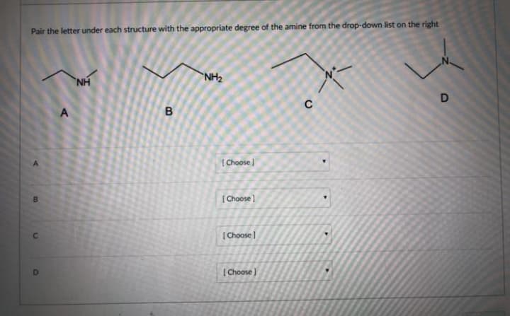 Pair the letter under each structure with the appropriate degree of the amine from the drop-down list on the right
NH2
NH
C
(Choose
(Choose ]
|Choose ]
C.
(Choose )
D
B.
