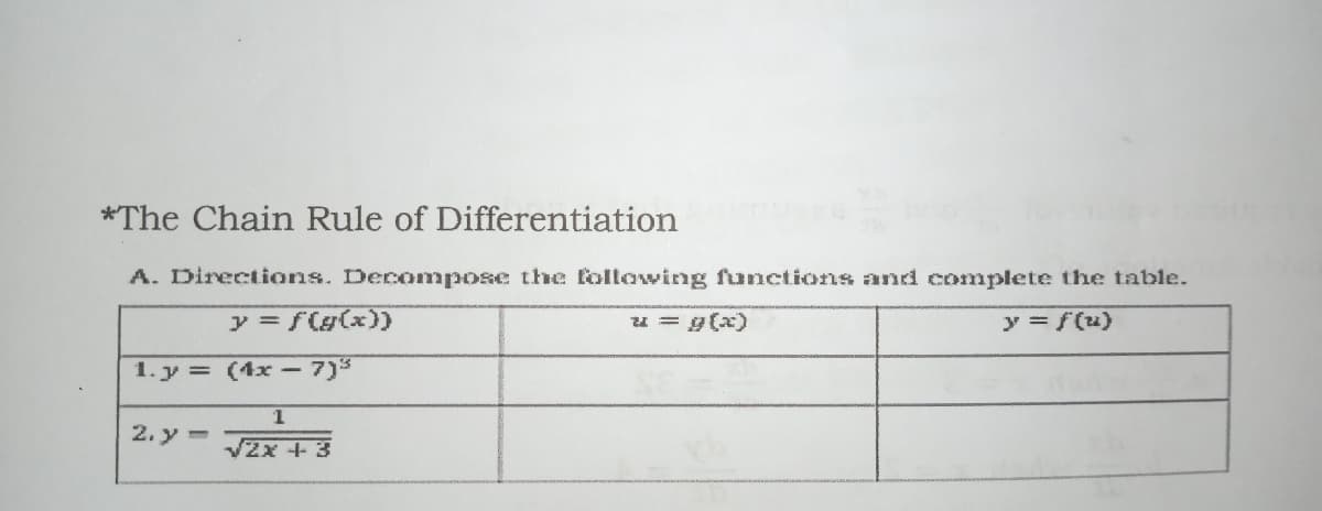 *The Chain Rule of Differentiation
A. Directions. Decompose the following functions and complete the table.
y = f(g(x))
u = g(x)
y = f(u)
1. y = (4x - 7)3
1.
2. y =
VZx + 3
