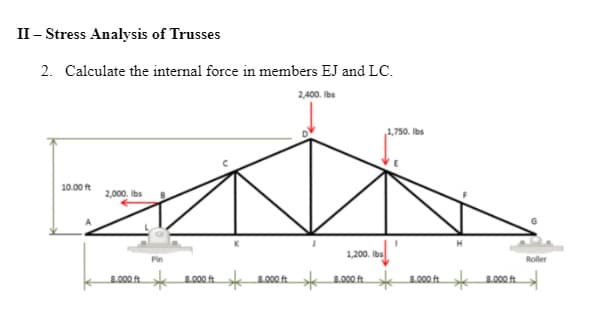II – Stress Analysis of Trusses
2. Calculate the internal force in members EJ and LC.
2,400. Ibs
1,750. Ibs
10.00 ft
2,000. Ibs
1,200. Ibs
Pin
Roller
8.000 ft
8.000 ft
8.000 ft 1.000 ft
*3.000
8.000 t
