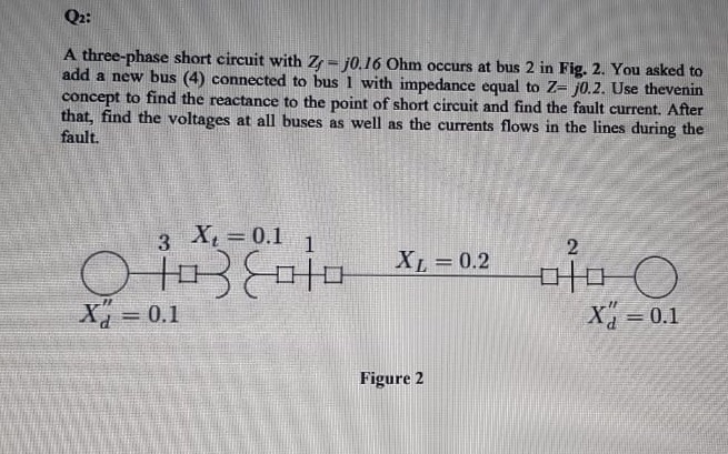 A three-phase short circuit with Z - j0.16 Ohm occurs at bus 2 in Fig. 2. You asked to
add a new bus (4) connected to bus 1 with impedance equal to Z- j0.2. Use thevenin
concept to find the reactance to the point of short circuit and find the fault current. After
that, find the voltages at all buses as well as the currents flows in the lines during the
fault.
3 X=0.1
2
XL= 0.2
%3D
X 0.1
T'o = Px
