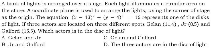 A bank of lights is arranged over a stage. Each light illuminates a circular area on
the stage. A coordinate plane is used to arrange the lights, using the corner of stage
as the origin. The equation (x – 13)² + (y – 4)²
of light. If three actors are located on three different spots Gelan (11,4), Jr (8,5) and
= 16 represents one of the disks
Galford (15,5). Which actors is in the disc of light?
A. Gelan and Jr
C. Gelan and Galford
B. Jr and Galford
D. The three actors are in the disc of light
