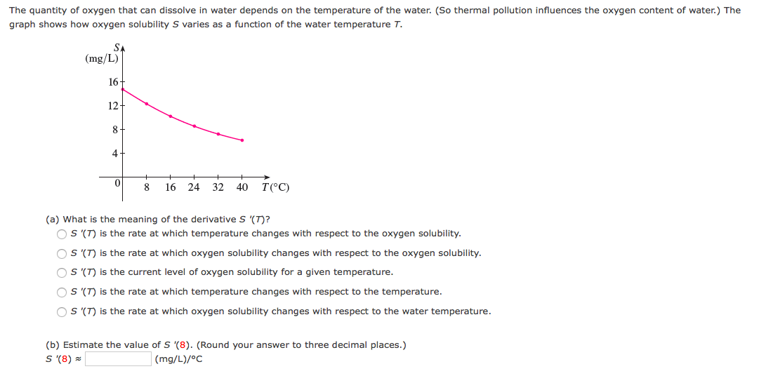 The quantity of oxygen that can dissolve in water depends on the temperature of the water. (So thermal pollution influences the oxygen content of water.) The
graph shows how oxygen solubility S varies as a function of the water temperature T.
SA
(mg/L)
16
12-
8.
4
8
16 24
32
40 T(°C)
(a) What is the meaning of the derivative S (T)?
O S (T) is the rate at which temperature changes with respect to the oxygen solubility.
O S (T) is the rate at which oxygen solubility changes with respect to the oxygen solubility.
O S (T) is the current level of oxygen solubility for a given temperature.
O S (T) is the rate at which temperature changes with respect to the temperature.
O S ((T) is the rate at which oxygen solubility changes with respect to the water temperature.
(b) Estimate the value of S '(8). (Round your answer to three decimal places.)
S (8) =
(mg/L)/°C
