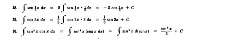 28. f sen ja de
= 2 f sen fa • jda
= - 2 cos ja + C
29. fe
cos 3x de
cos 3x • 3 dx =
sen 3x + C
S sen'ze
S sen' a
sen'z
3
+ C
30.
dz
* (cos a da) =
x d(senz)
