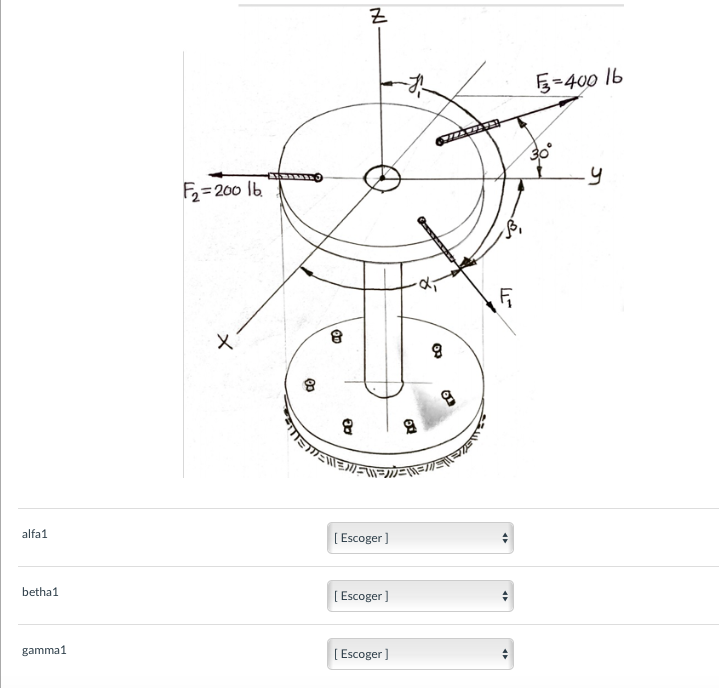 5=400 lb
F=200 lb.
alfa1
[ Escoger]
betha1
[ Escoger ]
gamma1
[ Escoger )
