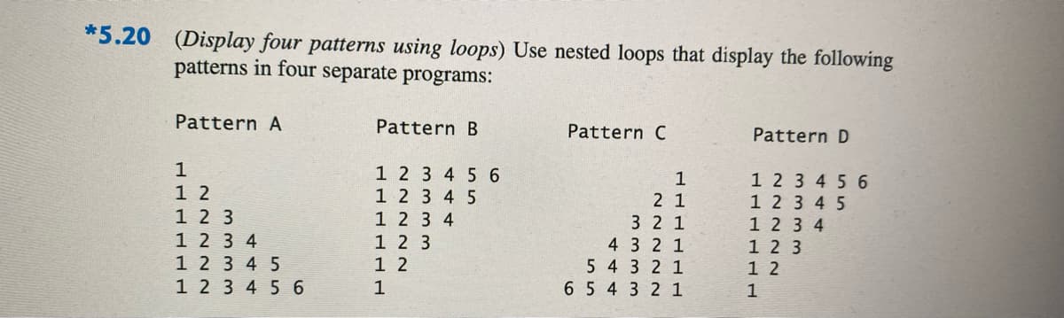 *5.20 (Display four patterns using loops) Use nested loops that display the following
patterns in four separate programs:
Pattern A
Pattern B
Pattern C
Pattern D
1
1 2
1 2 3
1 2 3 4
1 2 3 4 5
1 2 3 45 6
1 2 3 4 56
1 2 3 4 5
1 2 3 4
1 2 3
1 2
1 2 3 4 56
1 2 3 4 5
1 2 3 4
1 2 3
1 2
1
2 1
3 2 1
4 3 2 1
5 4 3 2 1
6 5 4 3 2 1
1
1
