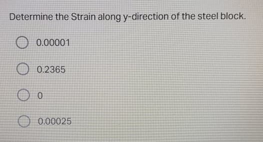 Determine the Strain along y-direction of the steel block.
0.00001
0.2365
0.00025
