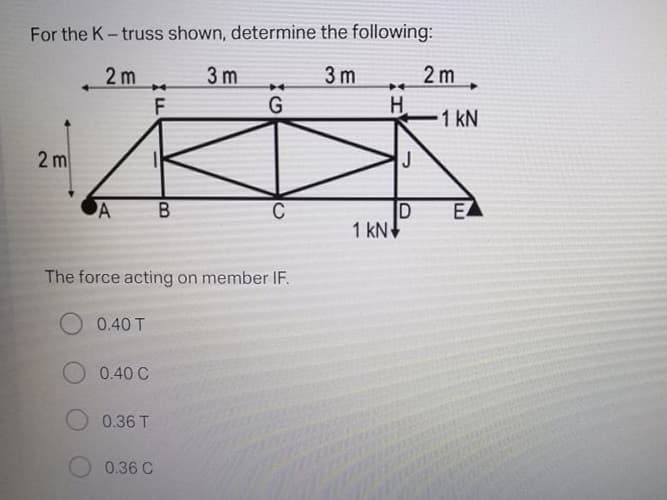 For the K-truss shown, determine the following:
2 m
3 m
3 m
2 m.
F
G
H
-1 kN
2 m
J
A
EA
D
1 kN
B
The force acting on member IF.
0.40 T
0.40 C
0.36 T
0.36 C
