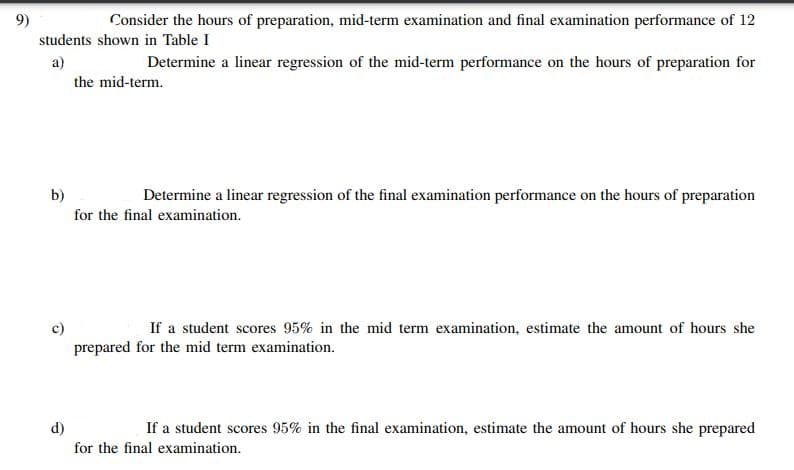 Consider the hours of preparation, mid-term examination and final examination performance of 12
students shown in Table I
a)
Determine a linear regression of the mid-term performance on the hours of preparation for
the mid-term.
b)
Determine a linear regression of the final examination performance on the hours of preparation
for the final examination.
If a student scores 95% in the mid term examination, estimate the amount of hours she
prepared for the mid term examination.
d)
If a student scores 95% in the final examination, estimate the amount of hours she prepared
for the final examination.
