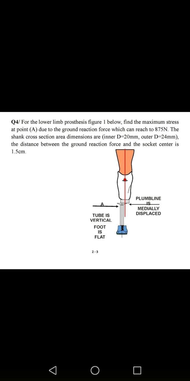 Q4/ For the lower limb prosthesis figure 1 below, find the maximum stress
at point (A) due to the ground reaction force which can reach to 875N. The
shank cross section area dimensions are (inner D=20mm, outer D=24mm),
the distance between the ground reaction force and the socket center is
1.5cm.
A
TUBE IS
VERTICAL
FOOT
IS
FLAT
2-3
PLUMBLINE
IS
MEDIALLY
DISPLACED