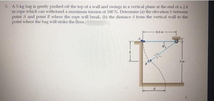 3. A 5-kg bag is gently pushed off the top of a wall and swings in a vertical plane at the end of a 24
m rope which can withstand a maximum tension of 100 N. Determine (a) the elevation hi between
point A and point B where the rope will break, (b) the distance d from the vertical wall to the
point where the bag will strike the floor.
24 m
3m
