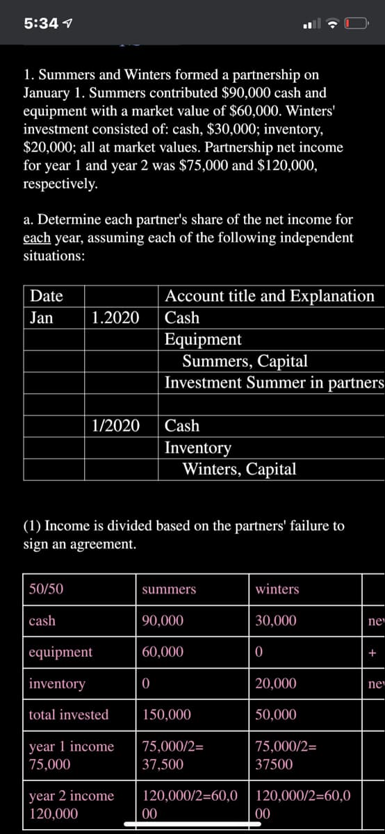 5:34 1
1. Summers and Winters formed a partnership on
January 1. Summers contributed $90,000 cash and
equipment with a market value of $60,000. Winters'
investment consisted of: cash, $30,000; inventory,
$20,000; all at market values. Partnership net income
for year 1 and year 2 was $75,000 and $120,000,
respectively.
a. Determine each partner's share of the net income for
each year, assuming each of the following independent
situations:
Date
Account title and Explanation
Jan
1.2020
Cash
|Equipment
Summers, Capital
Investment Summer in partners
1/2020
Cash
Inventory
Winters, Capital
(1) Income is divided based on the partners' failure to
sign an agreement.
50/50
summers
winters
cash
90,000
30,000
ne
equipment
60,000
+
inventory
20,000
ne
total invested
150,000
50,000
year 1 income
75,000
75,000/2=
75,000/2=
37,500
37500
year 2 income
120,000
120,000/2=60,0
120,000/2=60,0
00
0

