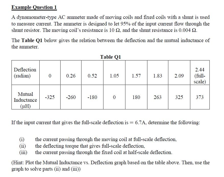 Example Question 1
A dynamometer-type AC ammeter made of moving coils and fixed coils with a shunt is used
to measure current. The ammeter is designed to let 95% of the input curent flow through the
shunt resistor. The moving coil's resistance is 10 2, and the shunt resistance is 0.004 2.
The Table Q1 below gives the relation between the deflection and the mutual inductance of
the ammeter.
Table Q1
Deflection
2.44
(radian)
(full-
scale)
0.26
0.52
1.05
1.57
1.83
2.09
Mutual
Inductance
-325
-260
-180
180
263
325
373
(µH)
If the input current that gives the full-scale deflection is = 6.7A, determine the following:
(i)
(ii)
(iii)
the current passing through the moving coil at full-scale deflection,
the deflecting torque that gives full-scale deflection,
the current passing through the fixed coil at half-scale deflection.
(Hint: Plot the Mutual Inductance vs. Deflection graph based on the table above. Then, use the
graph to solve parts (ii) and (iii))
