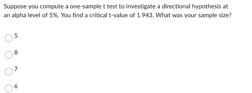 Suppose you compute a one-sample t test to investigate a directional hypothesis at
an alpha level of 5%. You find a critical t-value of 1.943. What was your sample size?
5
8