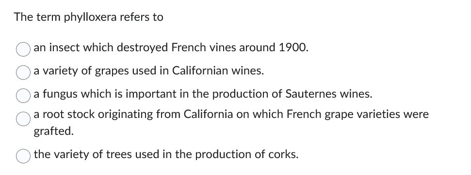The term phylloxera refers to
an insect which destroyed French vines around 1900.
a variety of grapes used in Californian wines.
a fungus which is important in the production of Sauternes wines.
a root stock originating from California on which French grape varieties were
grafted.
the variety of trees used in the production of corks.